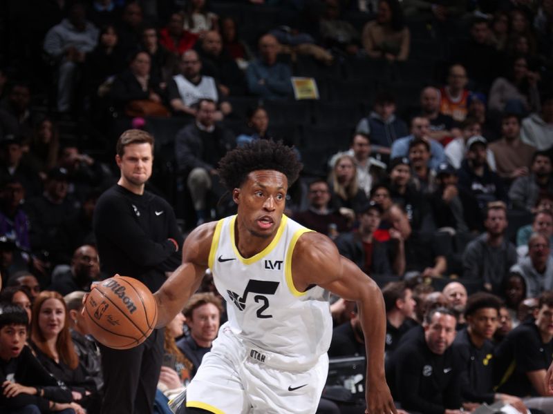 BROOKLYN, NY - JANUARY 29: Colin Sexton #2 of the Utah Jazz drives to the basket during the game against the Brooklyn Nets on January 29, 2024 at Barclays Center in Brooklyn, New York. NOTE TO USER: User expressly acknowledges and agrees that, by downloading and or using this Photograph, user is consenting to the terms and conditions of the Getty Images License Agreement. Mandatory Copyright Notice: Copyright 2024 NBAE (Photo by Nathaniel S. Butler/NBAE via Getty Images)