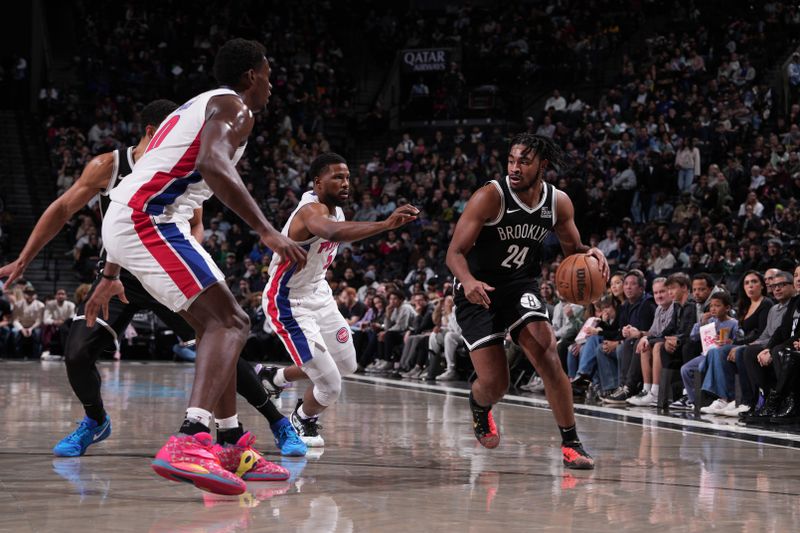 BROOKLYN, NY - NOVEMBER 3: Cam Thomas #24 of the Brooklyn Nets dribbles the ball during the game against the Detroit Pistons on November 3, 2024 at Barclays Center in Brooklyn, New York. NOTE TO USER: User expressly acknowledges and agrees that, by downloading and or using this Photograph, user is consenting to the terms and conditions of the Getty Images License Agreement. Mandatory Copyright Notice: Copyright 2024 NBAE (Photo by Jesse D. Garrabrant/NBAE via Getty Images)