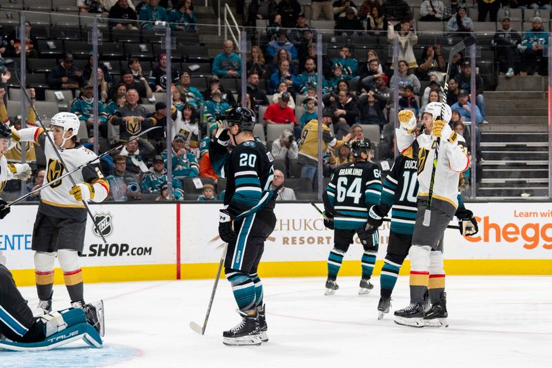 Feb 19, 2024; San Jose, California, USA; Vegas Golden Knights center Byron Froese (51) celebrates after the goal against the San Jose Sharks during the first period at SAP Center at San Jose. Mandatory Credit: Neville E. Guard-USA TODAY Sports