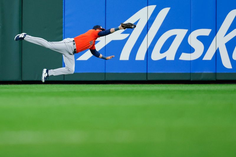 Apr 8, 2025; Seattle, Washington, USA; Houston Astros center fielder Jake Meyers (6) catches a line drive against the Seattle Mariners during the first inning at T-Mobile Park. Mandatory Credit: Joe Nicholson-Imagn Images