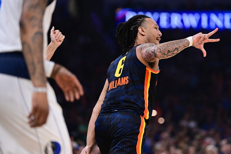 OKLAHOMA CITY, OKLAHOMA - APRIL 14: Jaylin Williams #6 of the Oklahoma City Thunder reacts after a made basket during the first half against the Dallas Mavericks at Paycom Center on April 14, 2024 in Oklahoma City, Oklahoma. NOTE TO USER: User expressly acknowledges and agrees that, by downloading and or using this Photograph, user is consenting to the terms and conditions of the Getty Images License Agreement. (Photo by Joshua Gateley/Getty Images)