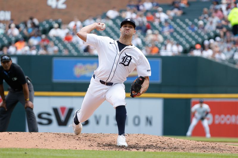 Apr 14, 2024; Detroit, Michigan, USA; Detroit Tigers pitcher Jack Flaherty (9) throws during the game against the Minnesota Twins at Comerica Park. Mandatory Credit: Brian Bradshaw Sevald-USA TODAY Sports