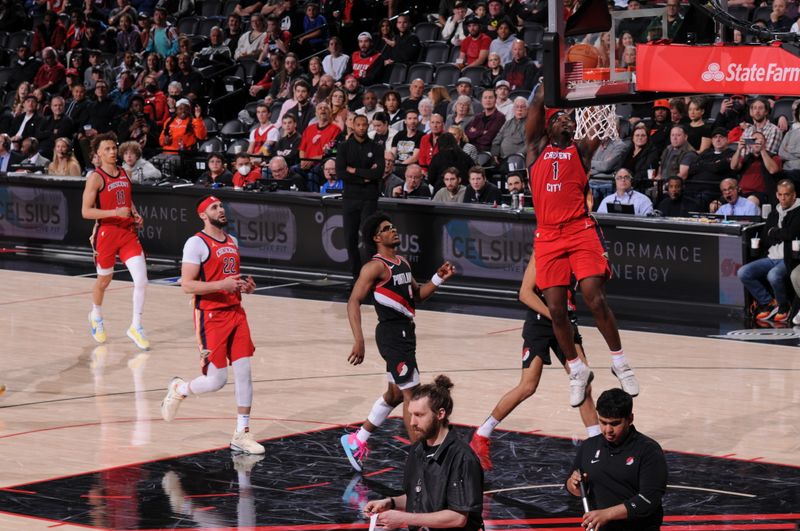 PORTLAND, OR - APRIL 9: Zion Williamson #1 of the New Orleans Pelicans drives to the basket during the game against the Portland Trail Blazers on April 9, 2024 at the Moda Center Arena in Portland, Oregon. NOTE TO USER: User expressly acknowledges and agrees that, by downloading and or using this photograph, user is consenting to the terms and conditions of the Getty Images License Agreement. Mandatory Copyright Notice: Copyright 2024 NBAE (Photo by Cameron Browne/NBAE via Getty Images)