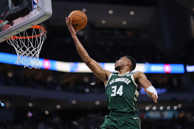 MILWAUKEE, WISCONSIN - NOVEMBER 10: Giannis Antetokounmpo #34 of the Milwaukee Bucks drives to the basket during the first half of a game against the Boston Celtics at Fiserv Forum on November 10, 2024 in Milwaukee, Wisconsin. NOTE TO USER: User expressly acknowledges and agrees that, by downloading and or using this photograph, User is consenting to the terms and conditions of the Getty Images License Agreement. (Photo by Stacy Revere/Getty Images)