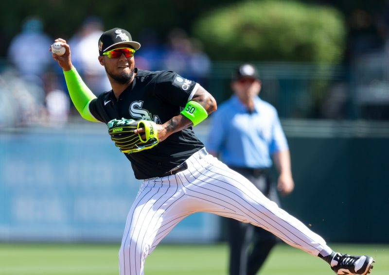 Mar 14, 2026; Phoenix, Arizona, USA; Chicago White Sox second baseman Lenyn Sosa against the Los Angeles Dodgers during a spring training game at Camelback Ranch-Glendale. Mandatory Credit: Mark J. Rebilas-Imagn Images