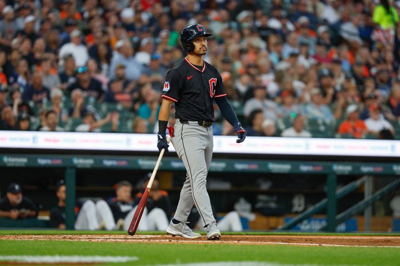 Sep 17, 2025; Detroit, Michigan, USA; Cleveland Guardians left fielder Steven Kwan (38) looks on during an at bat in the third inning against the Detroit Tigers at Comerica Park. Mandatory Credit: Brian Bradshaw Sevald-Imagn Images