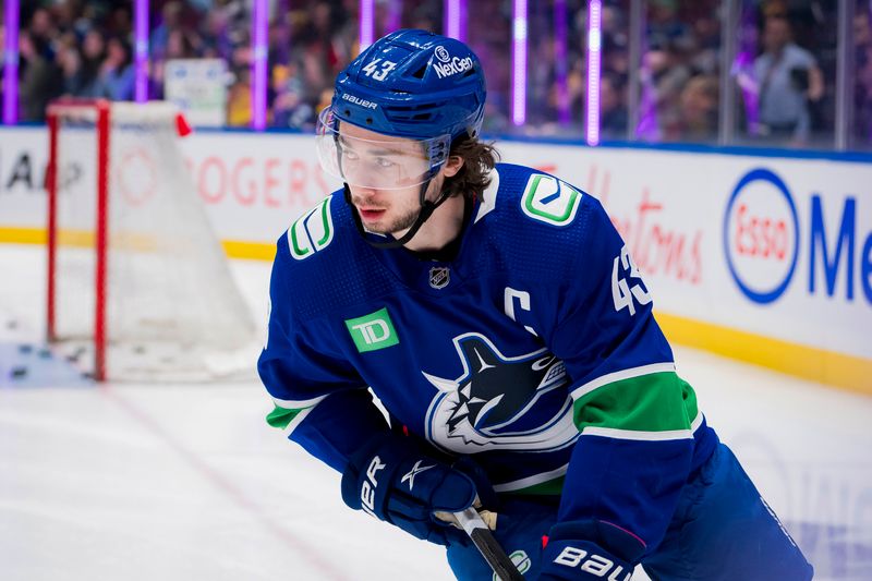 Mar 9, 2024; Vancouver, British Columbia, CAN; Vancouver Canucks defenseman Quinn Hughes (43) skates during warm up prior to a game against the Winnipeg Jets at Rogers Arena. Mandatory Credit: Bob Frid-USA TODAY Sports