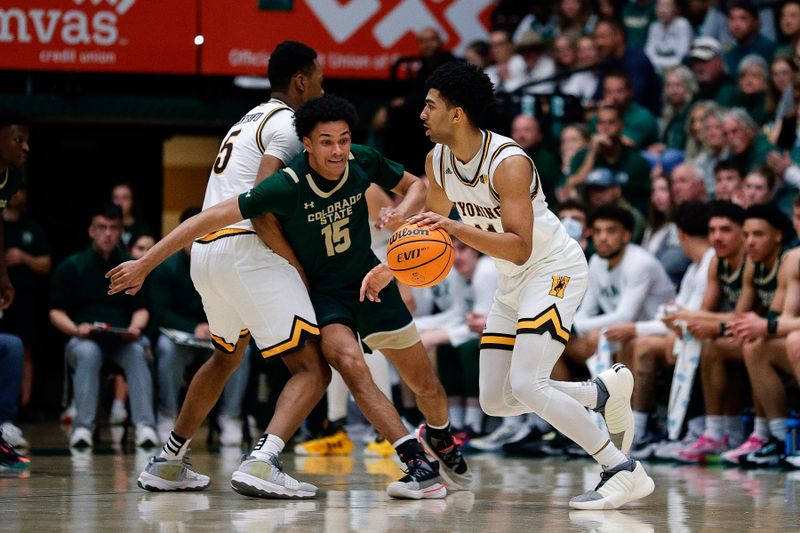 Mar 2, 2024; Fort Collins, Colorado, USA; Wyoming Cowboys guard Kael Combs (11) controls the ball as forward Cam Manyawu (5) screens against Colorado State Rams guard Jalen Lake (15) in the first half at Moby Arena. Mandatory Credit: Isaiah J. Downing-USA TODAY Sports