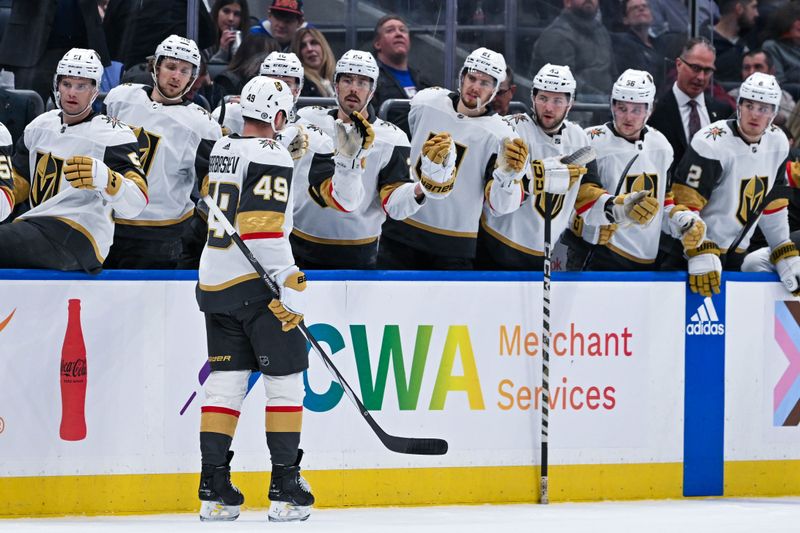 Jan 23, 2024; Elmont, New York, USA;  Vegas Golden Knights center Ivan Barbashev (49) celebrates his goal against the New York Islanders with the Vegas Golden Knights bench during the first period at UBS Arena. Mandatory Credit: Dennis Schneidler-USA TODAY Sports