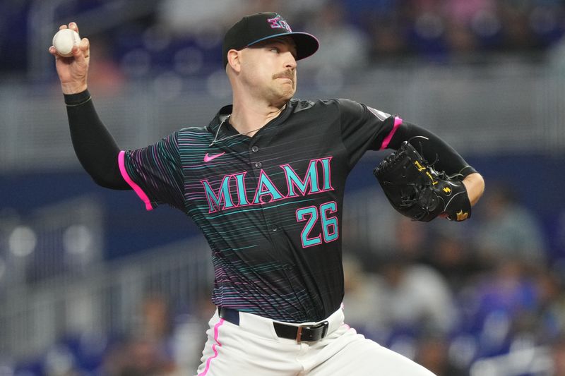 Sep 13, 2025; Miami, Florida, USA;  Miami Marlins starting pitcher Janson Junk (26) pitches in the first inning against the Detroit Tigers at loanDepot Park. Mandatory Credit: Jim Rassol-Imagn Images