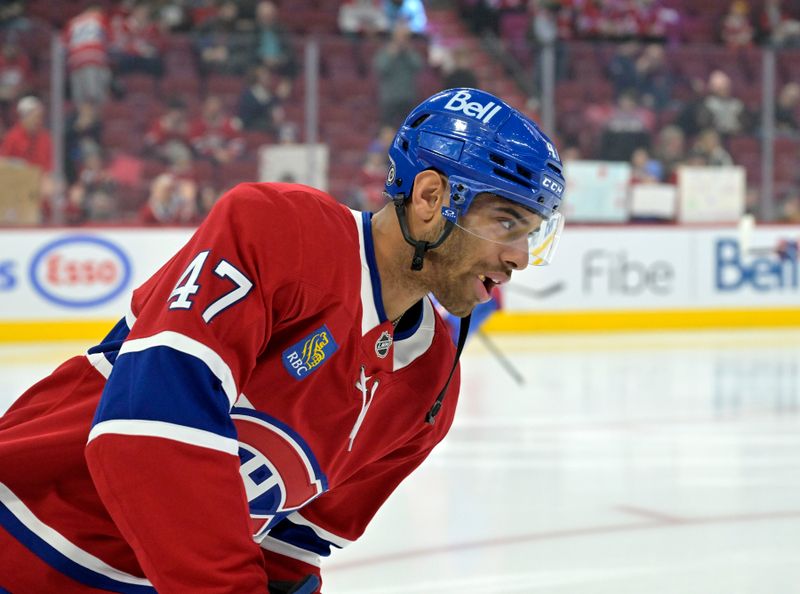 Feb 27, 2025; Montreal, Quebec, CAN; Montreal Canadiens defenseman Jayden Struble (47) skates during the warmup period before the game against the San Jose Sharks at the Bell Centre. Mandatory Credit: Eric Bolte-Imagn Images