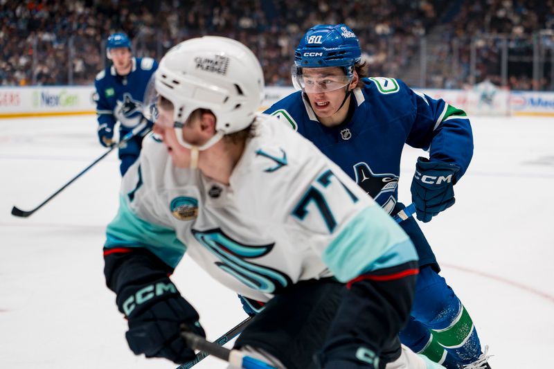 Sep 26, 2025; Vancouver, British Columbia, CAN; Vancouver Canucks forward Braeden Cootes (80) battles with Seattle Kraken forward Berkly Catton (77) in the second period at Rogers Arena. Mandatory Credit: Bob Frid-Imagn Images