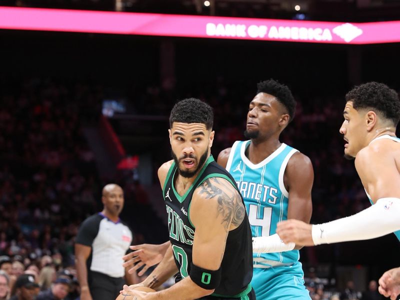 CHARLOTTE, NC - NOVEMBER 2: Jayson Tatum #0 of the Boston Celtics drives to the basket during the game against the Charlotte Hornets on November 2, 2024 at Spectrum Center in Charlotte, North Carolina. NOTE TO USER: User expressly acknowledges and agrees that, by downloading and or using this photograph, User is consenting to the terms and conditions of the Getty Images License Agreement.  Mandatory Copyright Notice:  Copyright 2024 NBAE (Photo by Brock Williams-Smith/NBAE via Getty Images)