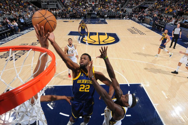 INDIANAPOLIS, IN - FEBRUARY 8: Andrew Wiggins #22 of the Golden State Warriors drives to the basket during the game against the Indiana Pacers on February 8, 2024 at Gainbridge Fieldhouse in Indianapolis, Indiana. NOTE TO USER: User expressly acknowledges and agrees that, by downloading and or using this Photograph, user is consenting to the terms and conditions of the Getty Images License Agreement. Mandatory Copyright Notice: Copyright 2024 NBAE (Photo by Ron Hoskins/NBAE via Getty Images)