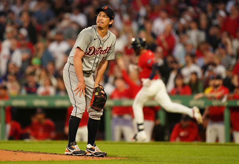 May 31, 2024; Boston, Massachusetts, USA; Boston Red Sox center fielder Ceddanne Rafaela (43) hits a three run home run against Detroit Tigers starting pitcher Kenta Maeda (18) in the fourth inning at Fenway Park. Mandatory Credit: David Butler II-USA TODAY Sports