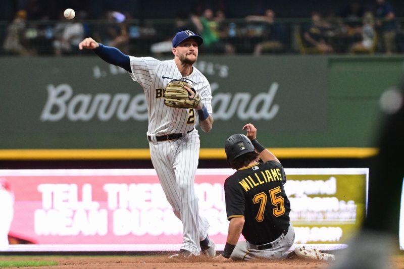 Aug 5, 2023; Milwaukee, Wisconsin, USA; Milwaukee Brewers second baseman Brice Turang (2) completes a double play after forcing out Pittsburgh Pirates shortstop Alika Williams (75) in the seventh inning at American Family Field. Mandatory Credit: Benny Sieu-USA TODAY Sports