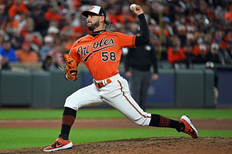 Oct 8, 2023; Baltimore, Maryland, USA; Baltimore Orioles relief pitcher Cionel Perez (58) pitches during the eighth inning against the Texas Rangers during game two of the ALDS for the 2023 MLB playoffs at Oriole Park at Camden Yards. Mandatory Credit: Tommy Gilligan-USA TODAY Sports