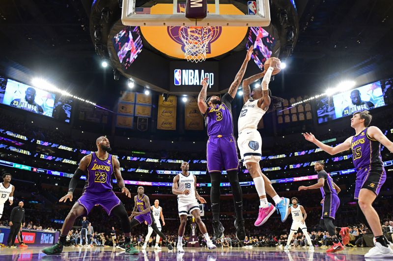 LOS ANGELES, CA - JANUARY 5: Ja Morant #12 of the Memphis Grizzlies drives to the basket during the game against the Los Angeles Lakers on January 5, 2024 at Crypto.Com Arena in Los Angeles, California. NOTE TO USER: User expressly acknowledges and agrees that, by downloading and/or using this Photograph, user is consenting to the terms and conditions of the Getty Images License Agreement. Mandatory Copyright Notice: Copyright 2024 NBAE (Photo by Adam Pantozzi/NBAE via Getty Images)