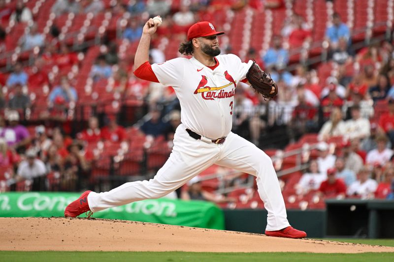 May 21, 2024; St. Louis, Missouri, USA; St. Louis Cardinals pitcher Lance Lynn (31) pitches against the Baltimore Orioles during the first inning at Busch Stadium. Mandatory Credit: Jeff Le-USA TODAY Sports