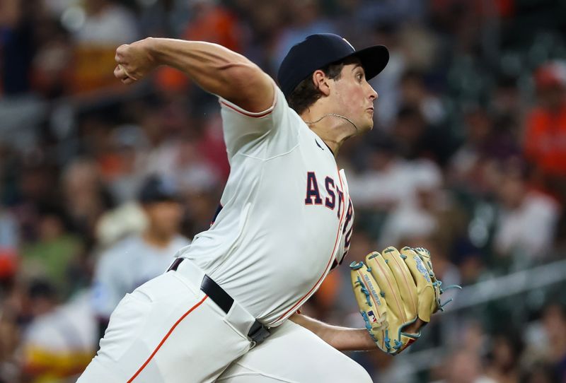 Jul 11, 2024; Houston, Texas, USA; Houston Astros starting pitcher Jake Bloss (39) pitches against the Miami Marlins in the first inning at Minute Maid Park. Mandatory Credit: Thomas Shea-USA TODAY Sports