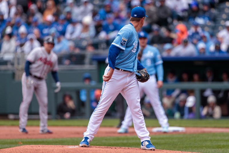 Apr 16, 2023; Kansas City, Missouri, USA; Kansas City Royals starting pitcher Zack Greinke (23) checks the runner at first base during the first inning against the Atlanta Braves at Kauffman Stadium. Mandatory Credit: William Purnell-USA TODAY Sports