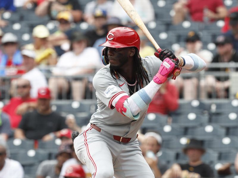 Jun 19, 2024; Pittsburgh, Pennsylvania, USA;  Cincinnati Reds shortstop Elly De La Cruz (44) at bat against the Pittsburgh Pirates during the fourth inning at PNC Park.  The Pirates shutout the Reds 1-0. Mandatory Credit: Charles LeClaire-USA TODAY Sports