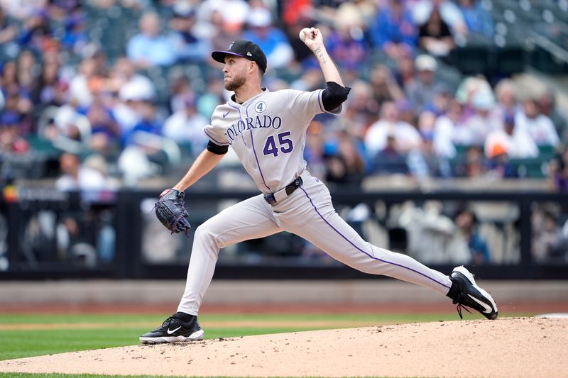 Jun 1, 2025; New York City, New York, USA; Colorado Rockies pitcher Carson Palmquist (45) delivers a pitch against the New York Mets during the first inning at Citi Field. Mandatory Credit: Gregory Fisher-Imagn Images
