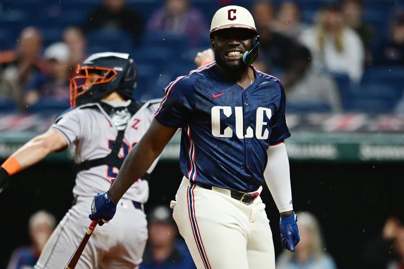 Sep 27, 2024; Cleveland, Ohio, USA; Cleveland Guardians pinch hitter Jhonkensy Noel (43) reacts after striking out during the ninth inning against the Houston Astros  at Progressive Field. Mandatory Credit: Ken Blaze-Imagn Images