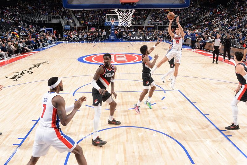 DETROIT, MI - JANUARY 06: .Simone Fontecchio #19 of the Detroit Pistons shoots the ball during the game against the Portland Trail Blazers on January 06, 2025 at Little Caesars Arena in Detroit, Michigan. NOTE TO USER: User expressly acknowledges and agrees that, by downloading and/or using this photograph, User is consenting to the terms and conditions of the Getty Images License Agreement. Mandatory Copyright Notice: Copyright 2025 NBAE (Photo by Chris Schwegler/NBAE via Getty Images)