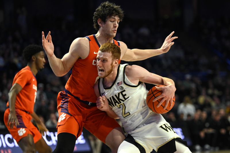 Jan 17, 2023; Winston-Salem, North Carolina, USA; Wake Forest Demon Deacons guard Cameron Hildreth (2) leans into Clemson Tigers center PJ Hall (24) on the drive during the first half at Lawrence Joel Veterans Memorial Coliseum. Mandatory Credit: William Howard-USA TODAY Sports