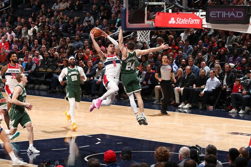 WASHINGTON, DC -? APRIL 2:  Deni Avdija #8 of the Washington Wizards goes to the basket during the game on April 2, 2024 at Capital One Arena in Washington, DC. NOTE TO USER: User expressly acknowledges and agrees that, by downloading and or using this Photograph, user is consenting to the terms and conditions of the Getty Images License Agreement. Mandatory Copyright Notice: Copyright 2024 NBAE (Photo by Kenny Giarla/NBAE via Getty Images)