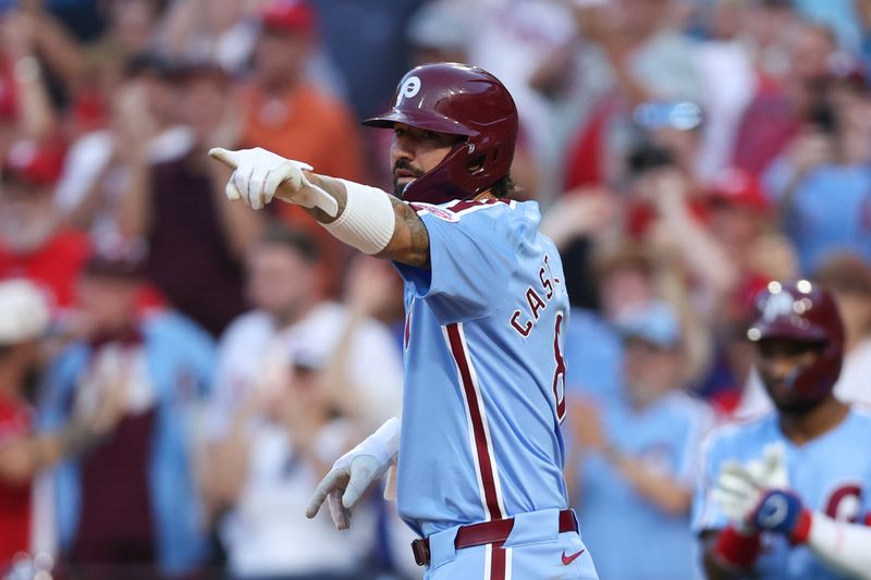 Jul 11, 2024; Philadelphia, Pennsylvania, USA; Philadelphia Phillies outfielder Nick Castellanos (8) reacts after scoring during the sixth inning against the Los Angeles Dodgers at Citizens Bank Park. Mandatory Credit: Bill Streicher-USA TODAY Sports