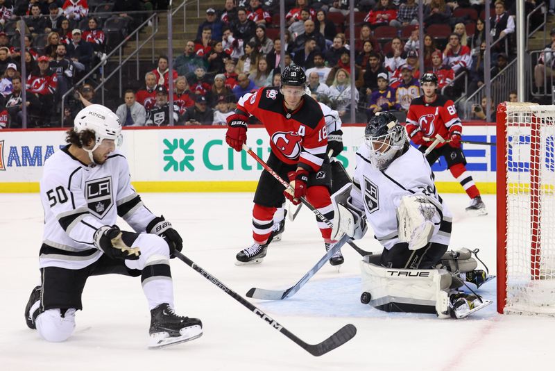 Feb 23, 2023; Newark, New Jersey, USA; Los Angeles Kings goaltender Pheonix Copley (29) makes a save against the New Jersey Devils during the second period at Prudential Center. Mandatory Credit: Ed Mulholland-USA TODAY Sports