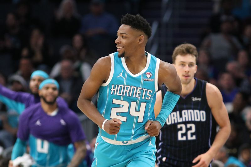 CHARLOTTE, NC - APRIL 5:  Brandon Miller #24 of the Charlotte Hornets smiles during the game against the Orlando Magic on April 5, 2024 at Spectrum Center in Charlotte, North Carolina. NOTE TO USER: User expressly acknowledges and agrees that, by downloading and or using this photograph, User is consenting to the terms and conditions of the Getty Images License Agreement.  Mandatory Copyright Notice:  Copyright 2024 NBAE (Photo by Brock Williams-Smith/NBAE via Getty Images)