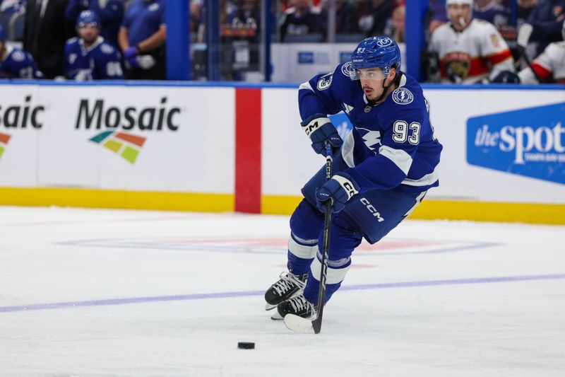 Oct 2, 2025; Tampa, Florida, USA; Tampa Bay Lightning center Gage Goncalves (93) controls the puck against the Florida Panthers in the third period at Benchmark International Arena. Mandatory Credit: Nathan Ray Seebeck-Imagn Images