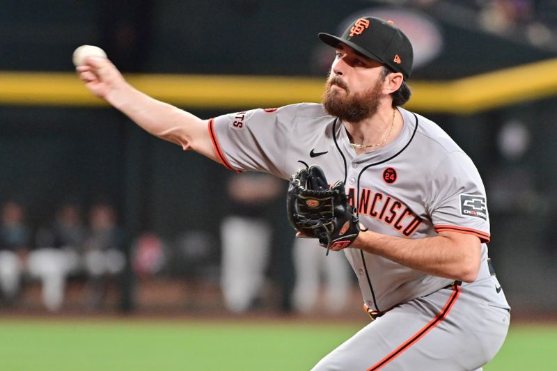 Sep 23, 2024; Phoenix, Arizona, USA;  San Francisco Giants pitcher Ryan Walker (74) throws in the ninth inning against the Arizona Diamondbacks at Chase Field. Mandatory Credit: Matt Kartozian-Imagn Images