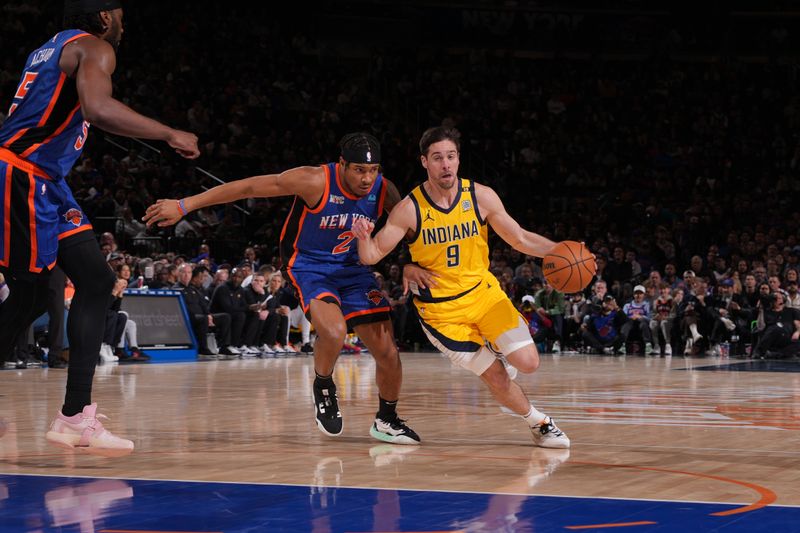 NEW YORK, NY - FEBRUARY 10: T.J. McConnell #9 of the Indiana Pacers dribbles the ball during the game against the New York Knicks on February 10, 2024 at Madison Square Garden in New York City, New York.  NOTE TO USER: User expressly acknowledges and agrees that, by downloading and or using this photograph, User is consenting to the terms and conditions of the Getty Images License Agreement. Mandatory Copyright Notice: Copyright 2024 NBAE  (Photo by Jesse D. Garrabrant/NBAE via Getty Images)