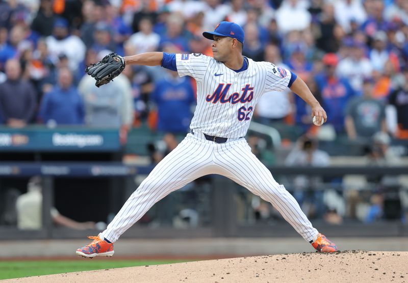 Oct 9, 2024; New York, New York, USA; New York Mets pitcher Jose Quintana (62) throws a pitch against the Philadelphia Phillies in the first inning in game four of the NLDS for the 2024 MLB Playoffs at Citi Field. Mandatory Credit: Brad Penner-Imagn Images