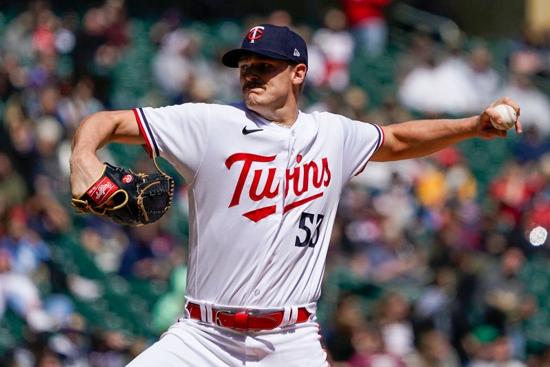 Apr 26, 2023; Minneapolis, Minnesota, USA; Minnesota Twins pitcher Brent Hendrick (53) delivers a pitch against the New York Yankees at Target Field. Mandatory Credit: Nick Wosika-USA TODAY Sports

