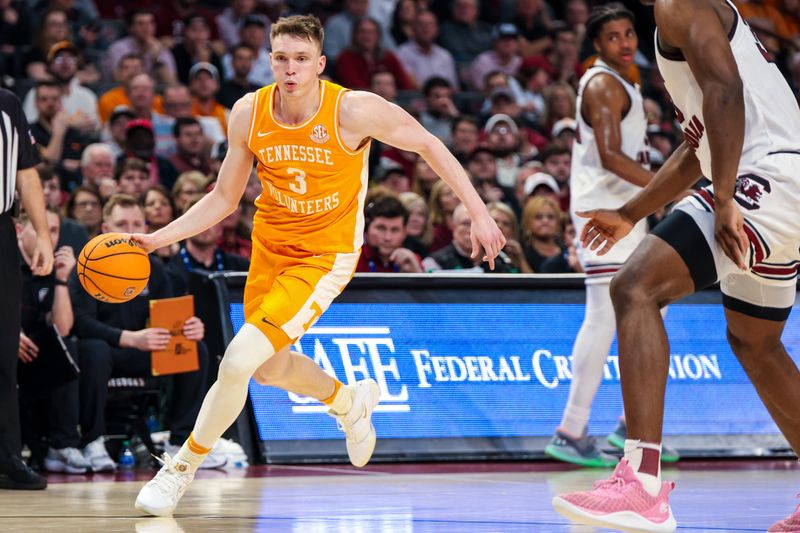 Mar 6, 2024; Columbia, South Carolina, USA; Tennessee Volunteers guard Dalton Knecht (3) drives against the South Carolina Gamecocks in the first half at Colonial Life Arena. Mandatory Credit: Jeff Blake-USA TODAY Sports