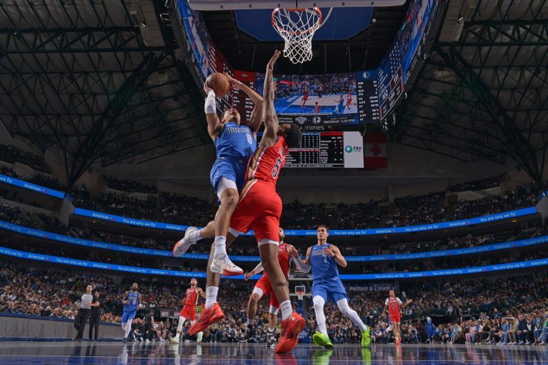 DALLAS, TX - JANUARY 13: Josh Green #8 of the Dallas Mavericks shoots the ball during the game against the New Orleans Pelicans on January 13, 2024 at the American Airlines Center in Dallas, Texas. NOTE TO USER: User expressly acknowledges and agrees that, by downloading and or using this photograph, User is consenting to the terms and conditions of the Getty Images License Agreement. Mandatory Copyright Notice: Copyright 2024 NBAE (Photo by Glenn James/NBAE via Getty Images)