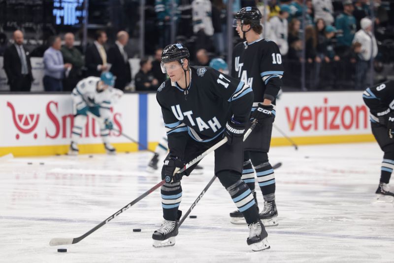 Oct 28, 2024; Salt Lake City, Utah, USA; Utah Hockey Club center Nick Bjugstad (17) warms up before the game against the San Jose Sharks at Delta Center. Mandatory Credit: Chris Nicoll-Imagn Images