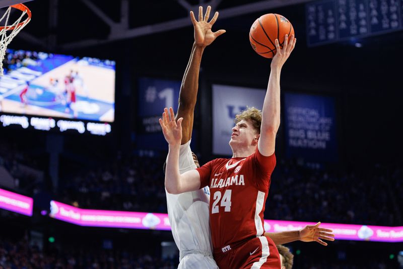 Feb 24, 2024; Lexington, Kentucky, USA; Alabama Crimson Tide forward Sam Walters (24) goes to the basket during the first half against the Kentucky Wildcats at Rupp Arena at Central Bank Center. Mandatory Credit: Jordan Prather-USA TODAY Sports