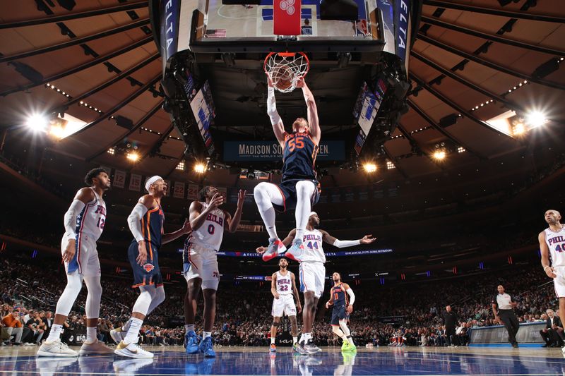 NEW YORK, NY - MARCH 12: Isaiah Hartenstein #55 of the New York Knicks dunks the ball during the game against the Philadelphia 76ers on March 12, 2024 at Madison Square Garden in New York City, New York.  NOTE TO USER: User expressly acknowledges and agrees that, by downloading and or using this photograph, User is consenting to the terms and conditions of the Getty Images License Agreement. Mandatory Copyright Notice: Copyright 2024 NBAE  (Photo by Nathaniel S. Butler/NBAE via Getty Images)