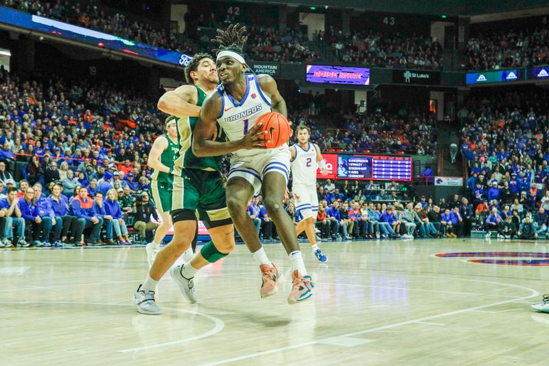 Jan 9, 2024; Boise, Idaho, USA; Boise State Broncos forward O'Mar Stanley (1) drives during the second half against the Colorado State Rams at ExtraMile Arena. Mandatory Credit: Brian Losness-USA TODAY Sports


