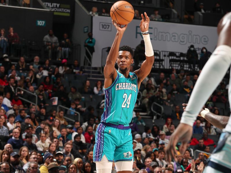 CHARLOTTE, NC - FEBRUARY 10:  Brandon Miller #24 of the Charlotte Hornets shoots a three point basket during the game  on February 10, 2024 at Spectrum Center in Charlotte, North Carolina. NOTE TO USER: User expressly acknowledges and agrees that, by downloading and or using this photograph, User is consenting to the terms and conditions of the Getty Images License Agreement.  Mandatory Copyright Notice:  Copyright 2024 NBAE (Photo by Kent Smith/NBAE via Getty Images)