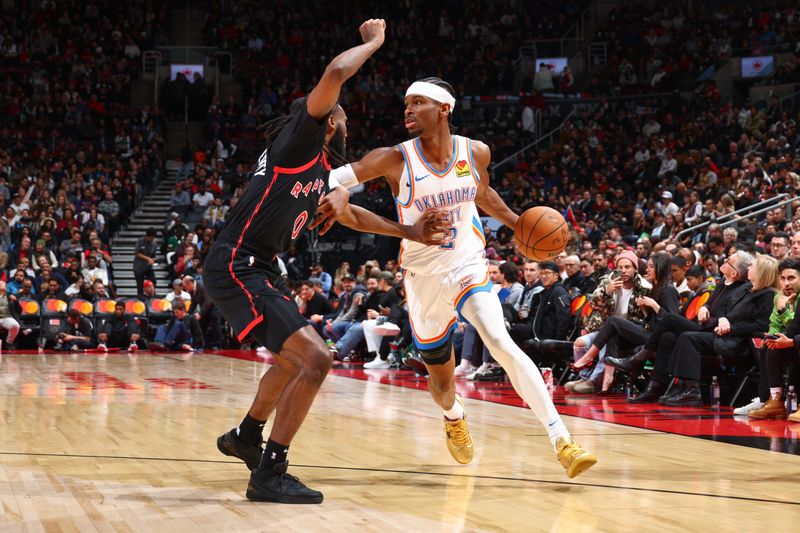 TORONTO, CANADA - MARCH 22:  Shai Gilgeous-Alexander #2 of the Oklahoma City Thunder goes to the basket during the game on March 22, 2024 at the Scotiabank Arena in Toronto, Ontario, Canada.  NOTE TO USER: User expressly acknowledges and agrees that, by downloading and or using this Photograph, user is consenting to the terms and conditions of the Getty Images License Agreement.  Mandatory Copyright Notice: Copyright 2024 NBAE (Photo by Vaughn Ridley/NBAE via Getty Images)