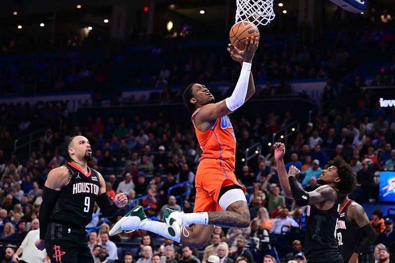 OKLAHOMA CITY, OKLAHOMA - MARCH 27: Jalen Williams #8 of the Oklahoma City Thunder goes up for a shot during the second half against the Houston Rockets at Paycom Center on March 27, 2024 in Oklahoma City, Oklahoma. NOTE TO USER: User expressly acknowledges and agrees that, by downloading and or using this Photograph, user is consenting to the terms and conditions of the Getty Images License Agreement. (Photo by Joshua Gateley/Getty Images)