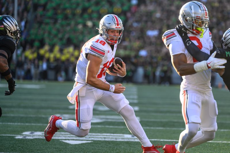 Oct 12, 2024; Eugene, Oregon, USA; Ohio State Buckeyes quarterback Will Howard (18) runs the ball during the first half against the Oregon Ducks at Autzen Stadium. Mandatory Credit: Craig Strobeck-Imagn Images