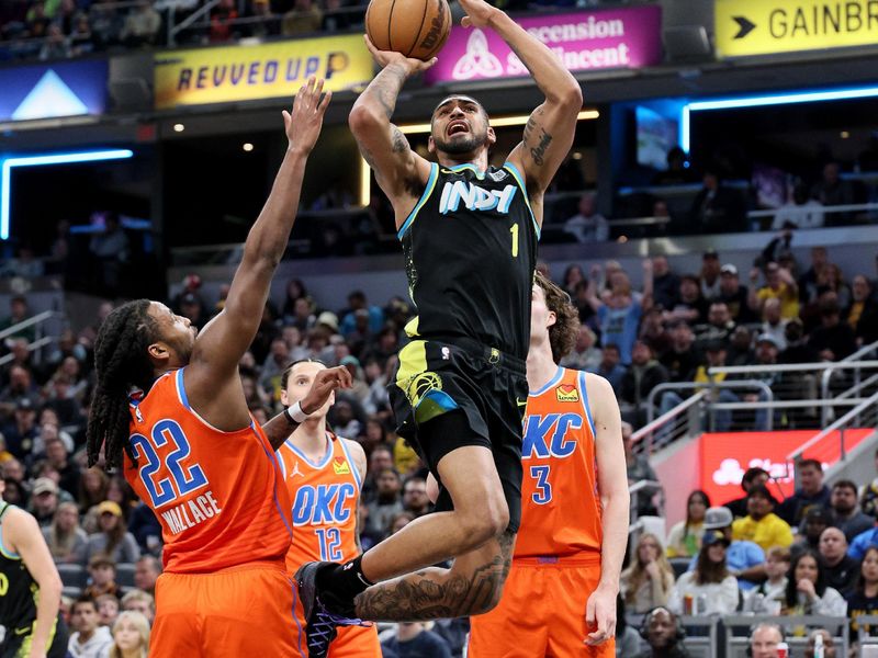 INDIANAPOLIS, INDIANA - APRIL 05: Obi Toppin #1 of the Indiana Pacers dunks the ball against the Oklahoma City Thunder in the second half at Gainbridge Fieldhouse on April 05, 2024 in Indianapolis, Indiana.    NOTE TO USER: User expressly acknowledges and agrees that, by downloading and or using this photograph, User is consenting to the terms and conditions of the Getty Images License Agreement.  (Photo by Andy Lyons/Getty Images)